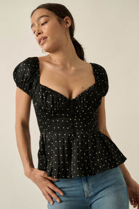 On the Dot Polka Dot Satin Puff-Sleeve Peplum Top - ShopPromesa