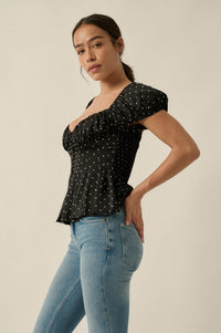On the Dot Polka Dot Satin Puff-Sleeve Peplum Top - ShopPromesa