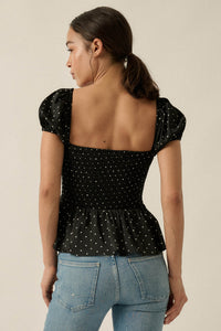 On the Dot Polka Dot Satin Puff-Sleeve Peplum Top - ShopPromesa