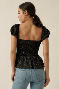 On the Dot Polka Dot Satin Puff-Sleeve Peplum Top - ShopPromesa