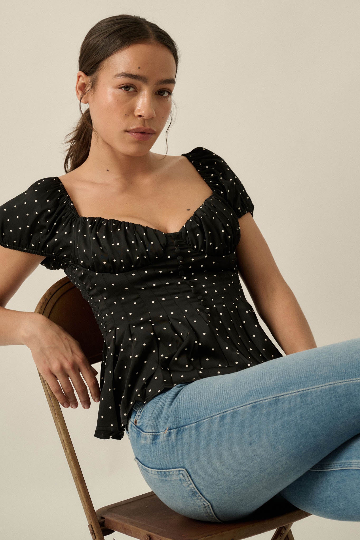 On the Dot Polka Dot Satin Puff-Sleeve Peplum Top - ShopPromesa