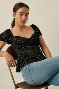 On the Dot Polka Dot Satin Puff-Sleeve Peplum Top - ShopPromesa