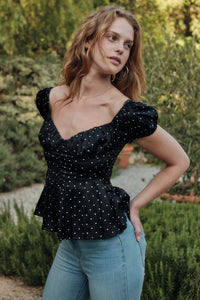 On the Dot Polka Dot Satin Puff-Sleeve Peplum Top - ShopPromesa