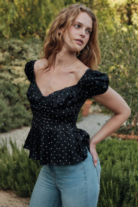 On the Dot Polka Dot Satin Puff-Sleeve Peplum Top - ShopPromesa
