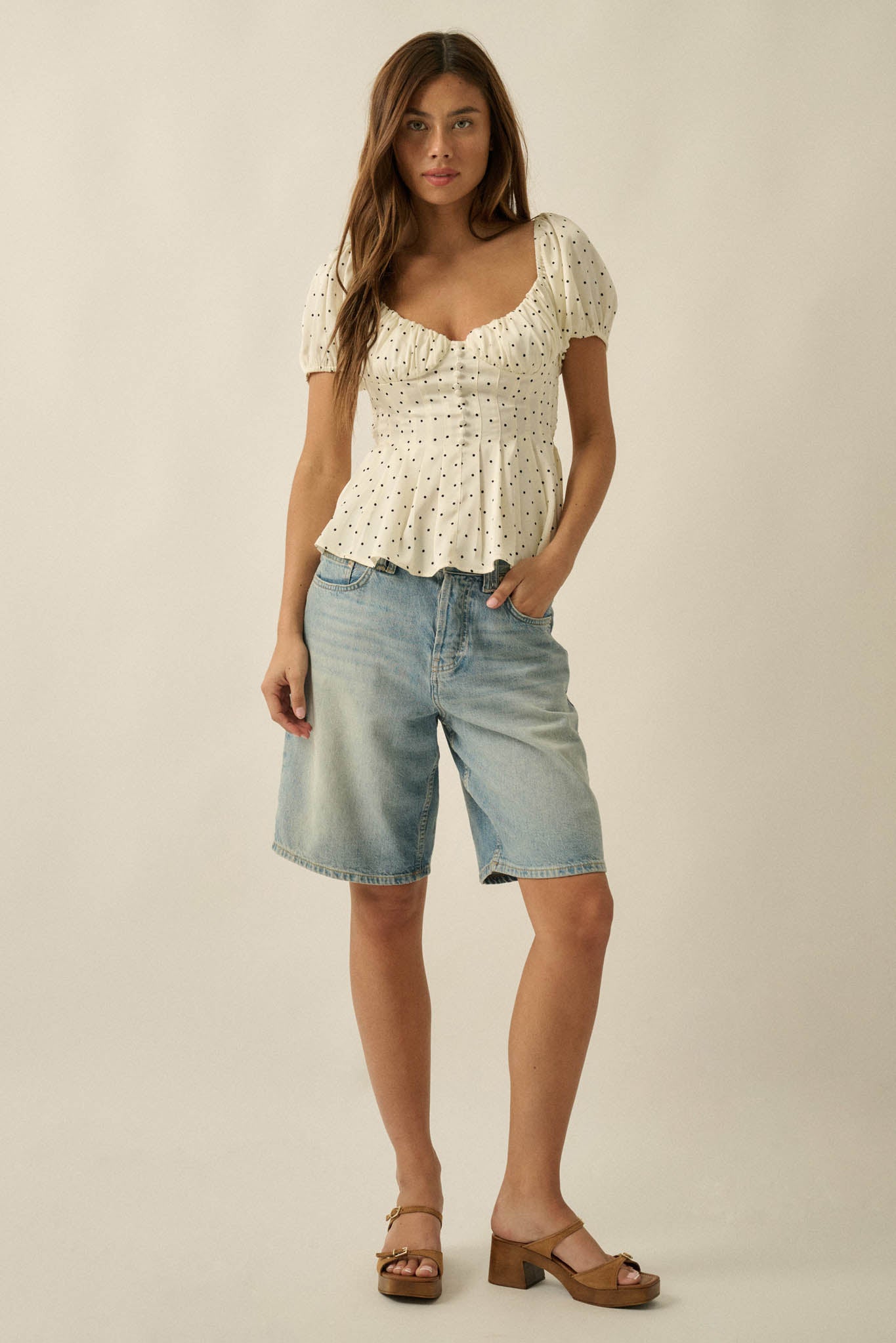 On the Dot Polka Dot Satin Puff-Sleeve Peplum Top - ShopPromesa