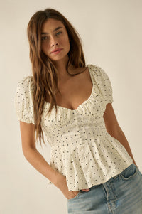 On the Dot Polka Dot Satin Puff-Sleeve Peplum Top - ShopPromesa