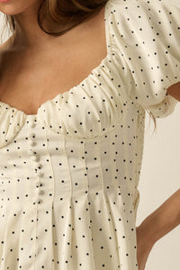 On the Dot Polka Dot Satin Puff-Sleeve Peplum Top - ShopPromesa