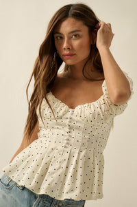 On the Dot Polka Dot Satin Puff-Sleeve Peplum Top - ShopPromesa