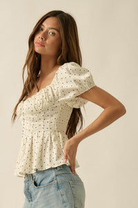 On the Dot Polka Dot Satin Puff-Sleeve Peplum Top - ShopPromesa