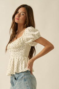 On the Dot Polka Dot Satin Puff-Sleeve Peplum Top - ShopPromesa