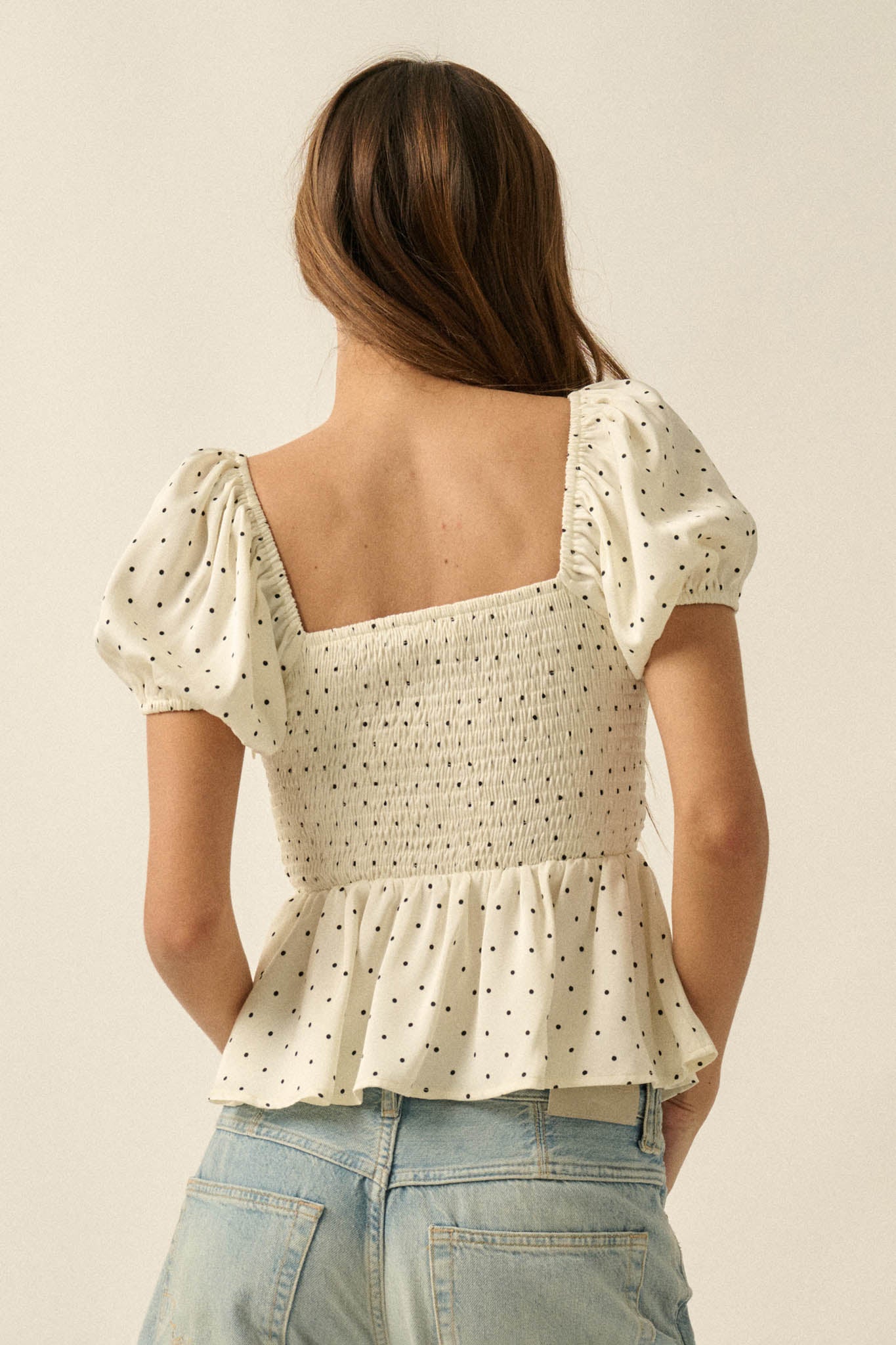 On the Dot Polka Dot Satin Puff-Sleeve Peplum Top - ShopPromesa