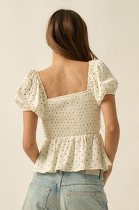 On the Dot Polka Dot Satin Puff-Sleeve Peplum Top - ShopPromesa