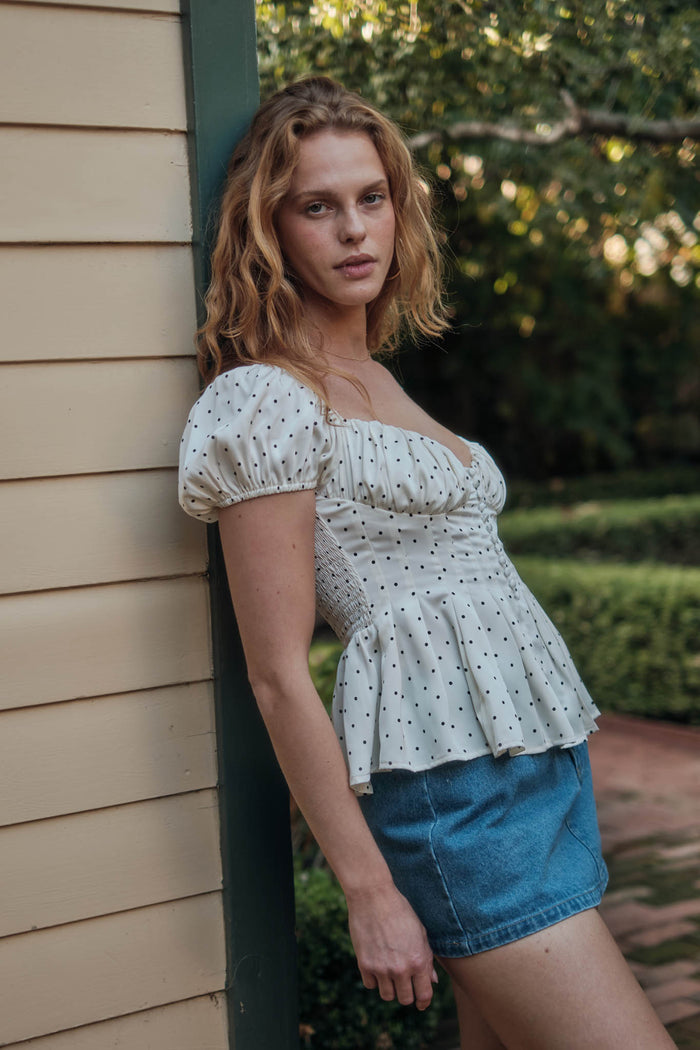 On the Dot Polka Dot Satin Puff-Sleeve Peplum Top - ShopPromesa