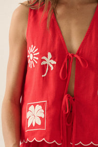 Sunny Sands Tropical-Embroidered Tie-Front Vest - ShopPromesa