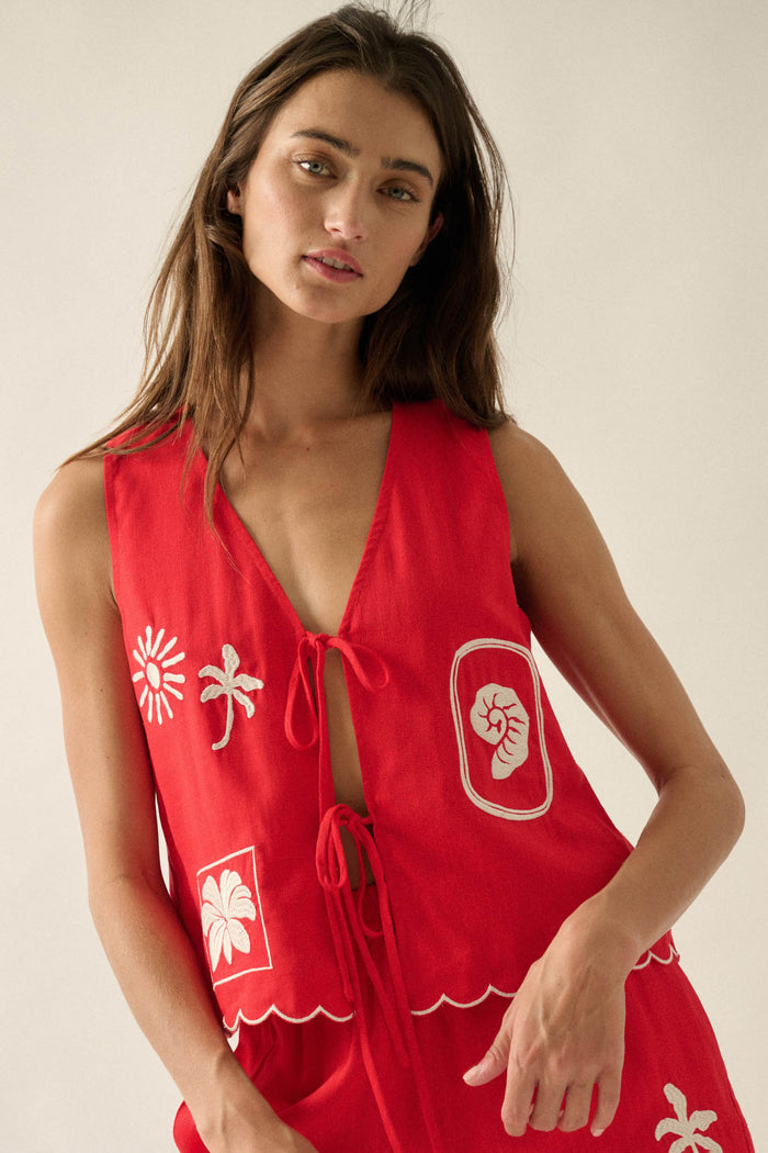 Sunny Sands Tropical-Embroidered Tie-Front Vest - ShopPromesa