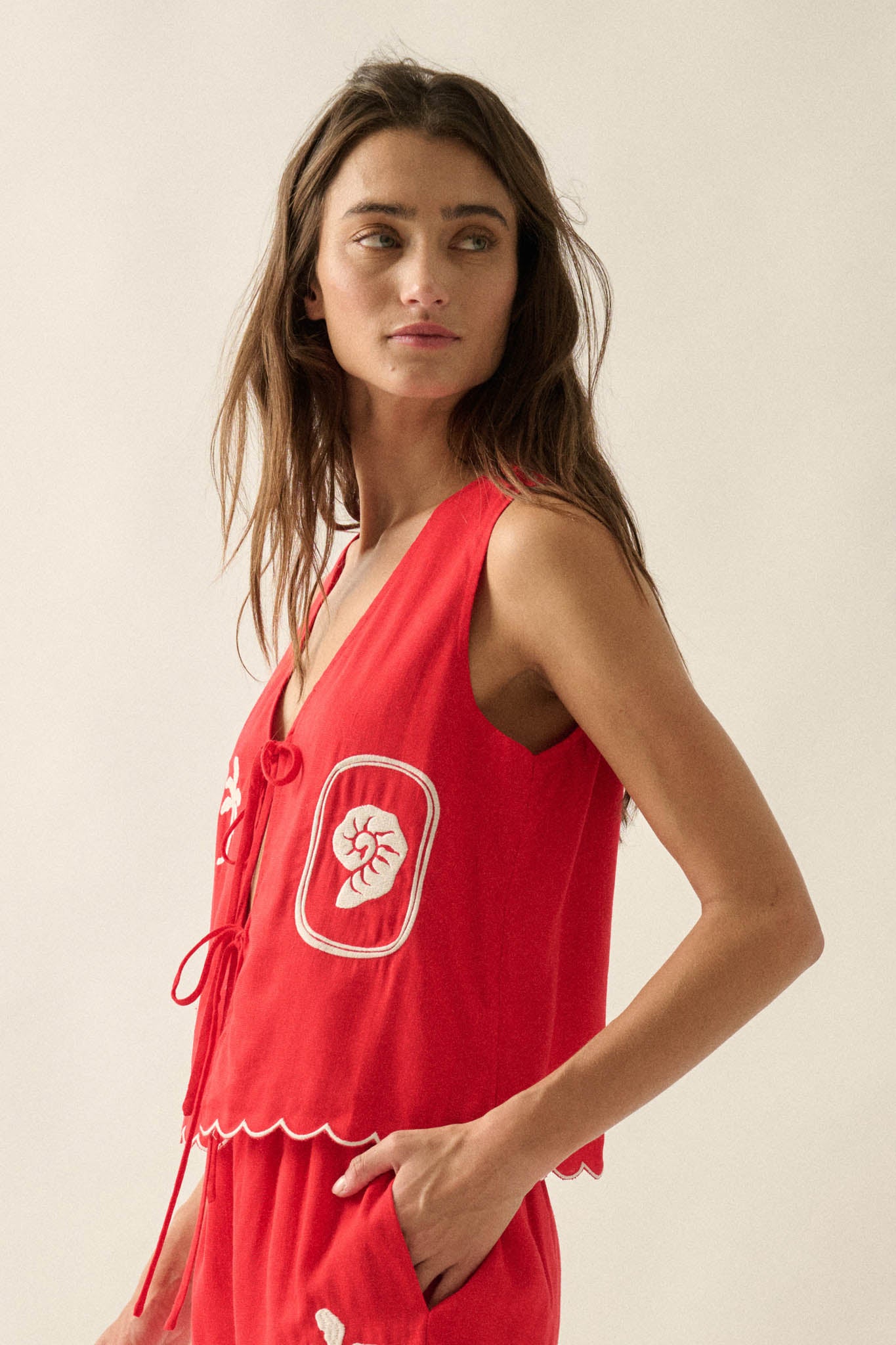 Sunny Sands Tropical-Embroidered Tie-Front Vest - ShopPromesa