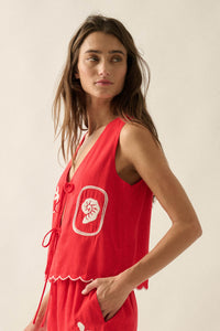 Sunny Sands Tropical-Embroidered Tie-Front Vest - ShopPromesa