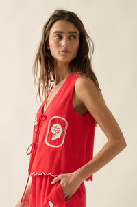 Sunny Sands Tropical-Embroidered Tie-Front Vest - ShopPromesa