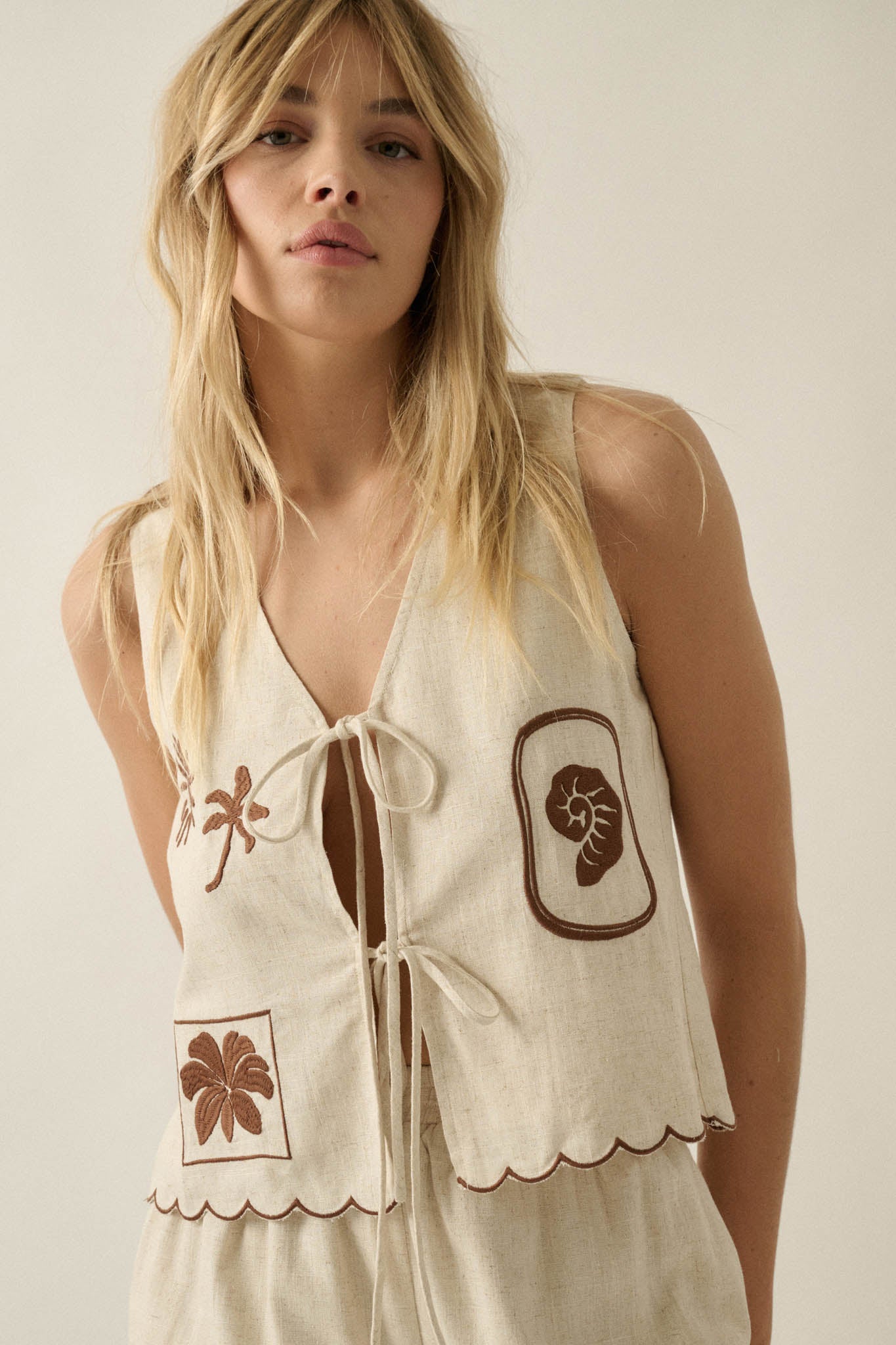 Sunny Sands Tropical-Embroidered Tie-Front Vest - ShopPromesa