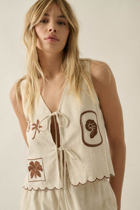 Sunny Sands Tropical-Embroidered Tie-Front Vest - ShopPromesa