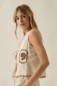 Sunny Sands Tropical-Embroidered Tie-Front Vest - ShopPromesa