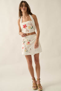 Fresh Flowers Embroidered Cotton Cropped Halter Top - ShopPromesa