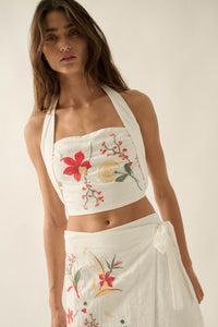 Fresh Flowers Embroidered Cotton Cropped Halter Top - ShopPromesa