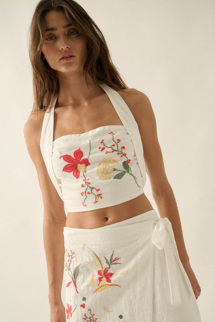 Fresh Flowers Embroidered Cotton Cropped Halter Top - ShopPromesa