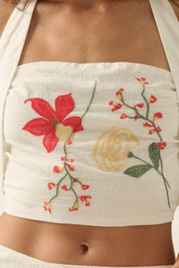 Fresh Flowers Embroidered Cotton Cropped Halter Top - ShopPromesa