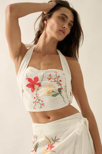 Fresh Flowers Embroidered Cotton Cropped Halter Top - ShopPromesa