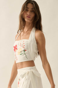 Fresh Flowers Embroidered Cotton Cropped Halter Top - ShopPromesa