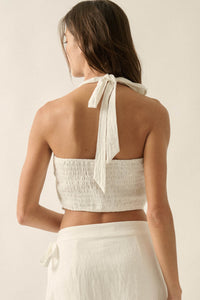 Fresh Flowers Embroidered Cotton Cropped Halter Top - ShopPromesa