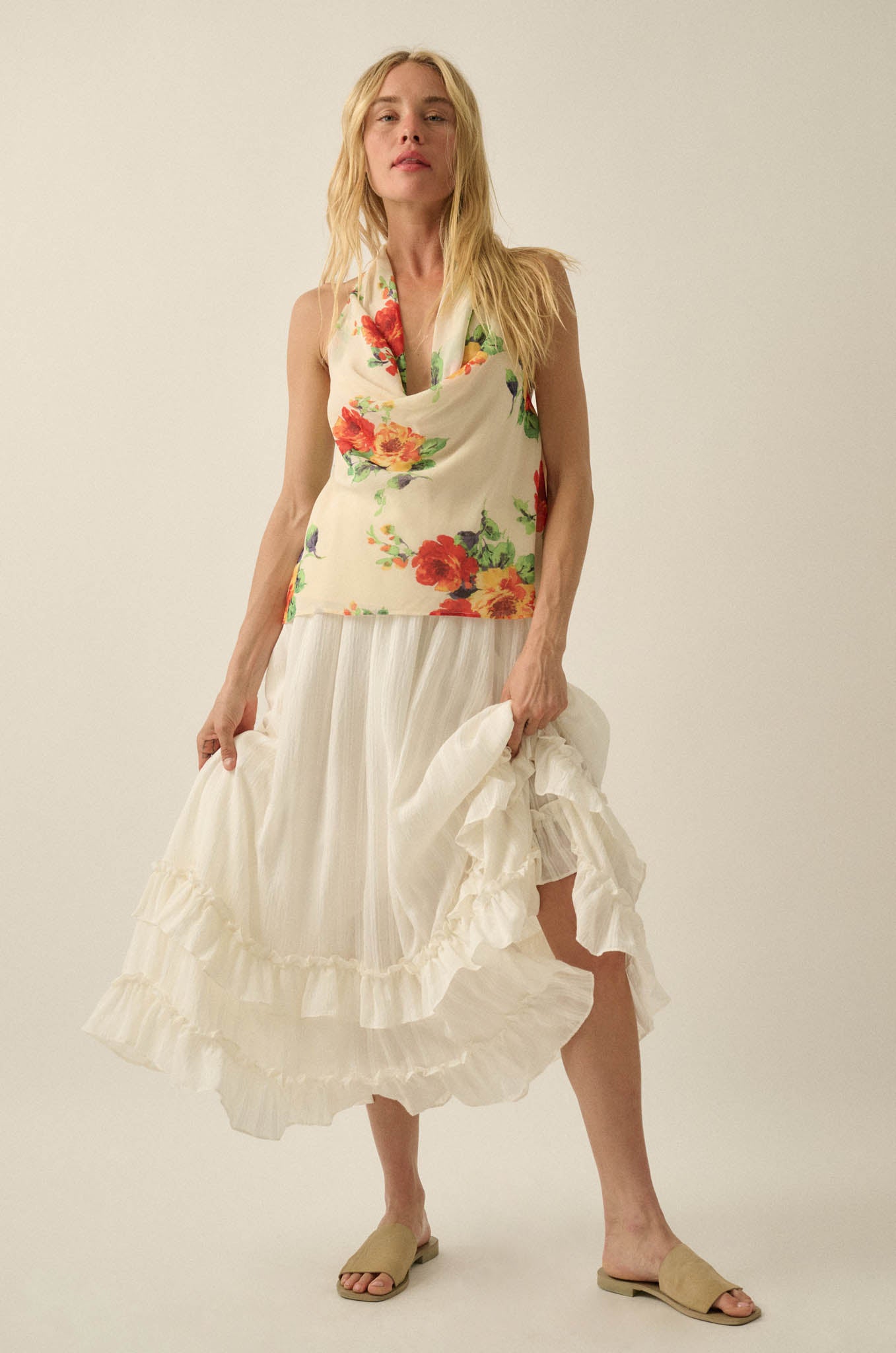 Magical Blooms Floral Chiffon Cowl-Neck Halter Top - ShopPromesa