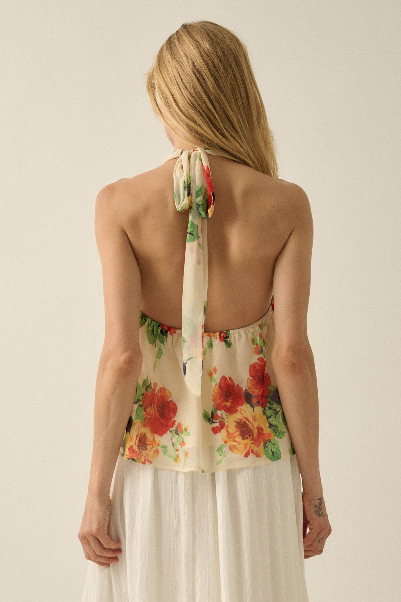 Magical Blooms Floral Chiffon Cowl-Neck Halter Top - ShopPromesa