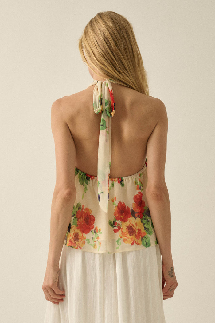 Magical Blooms Floral Chiffon Cowl-Neck Halter Top - ShopPromesa