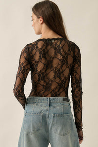 Secret Crush Floral Lace Sheer-Back V-Neck Bodysuit - ShopPromesa