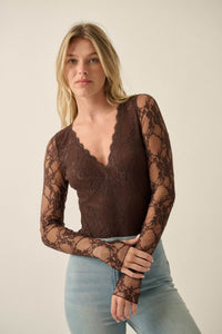 Secret Crush Floral Lace Sheer-Back V-Neck Bodysuit - ShopPromesa