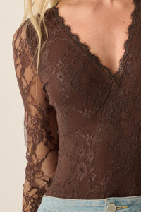 Secret Crush Floral Lace Sheer-Back V-Neck Bodysuit - ShopPromesa