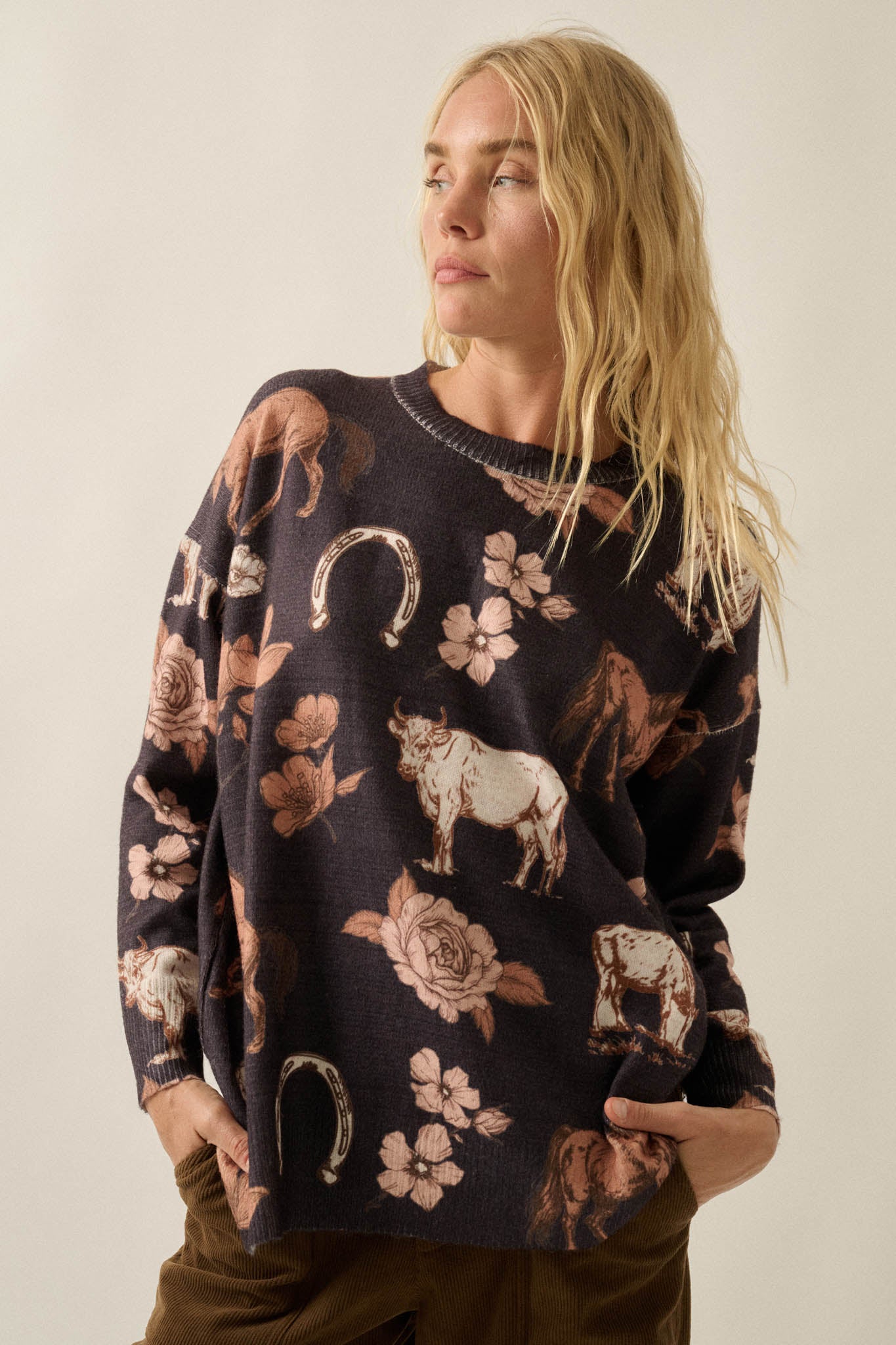 Open Range Western-Print Drop-Shoulder Sweater - ShopPromesa