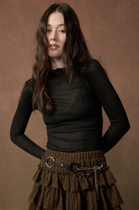 Fine Lines Sheer Ribbed Knit Mock-Neck Thumbhole Top - ShopPromesa