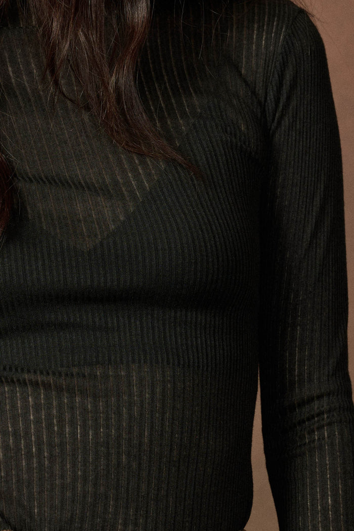 Fine Lines Sheer Ribbed Knit Mock-Neck Thumbhole Top - ShopPromesa