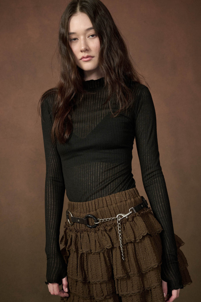 Fine Lines Sheer Ribbed Knit Mock-Neck Thumbhole Top - ShopPromesa