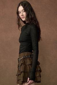 Fine Lines Sheer Ribbed Knit Mock-Neck Thumbhole Top - ShopPromesa