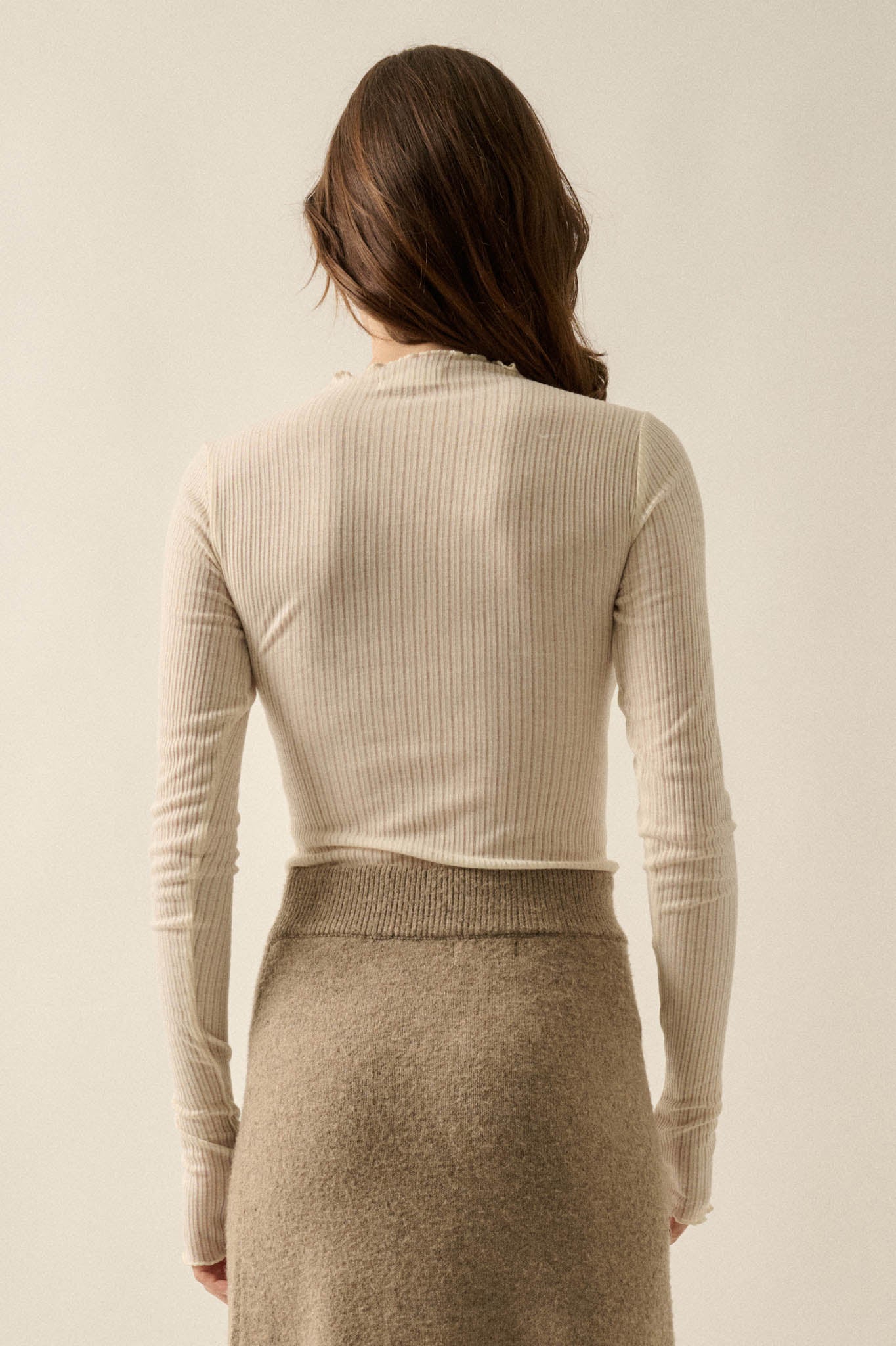 Fine Lines Sheer Ribbed Knit Mock-Neck Thumbhole Top - ShopPromesa