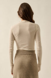 Fine Lines Sheer Ribbed Knit Mock-Neck Thumbhole Top - ShopPromesa