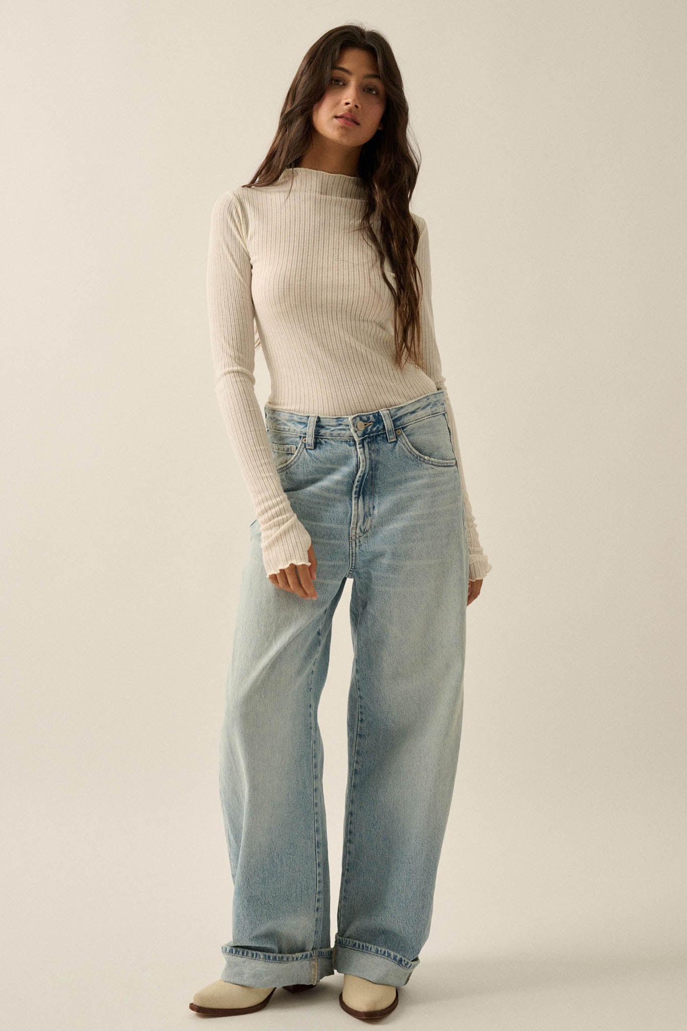 Fine Lines Sheer Ribbed Knit Mock-Neck Thumbhole Top