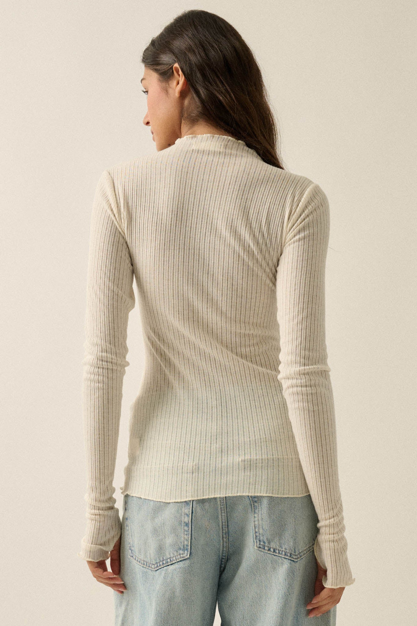 Fine Lines Sheer Ribbed Knit Mock-Neck Thumbhole Top