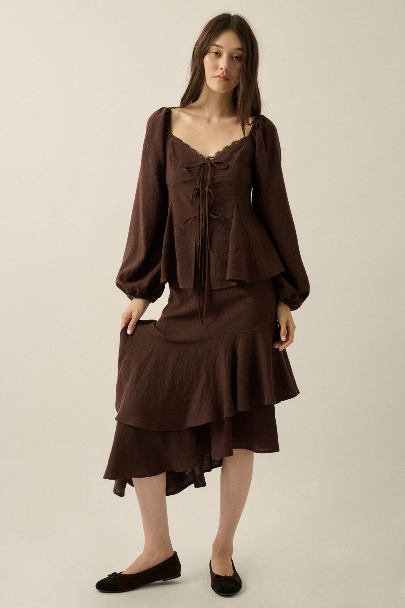 Love Affair Tie-Front Balloon-Sleeve Peasant Top - ShopPromesa