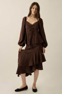 Love Affair Tie-Front Balloon-Sleeve Peasant Top - ShopPromesa