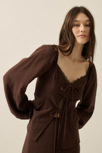 Love Affair Tie-Front Balloon-Sleeve Peasant Top - ShopPromesa